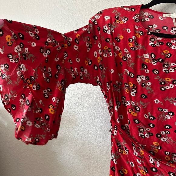 Maje Rahimi Floral Short Sleeve Ruffle Wrap Mini Dress Red Size 1 - Picture 8 of 9